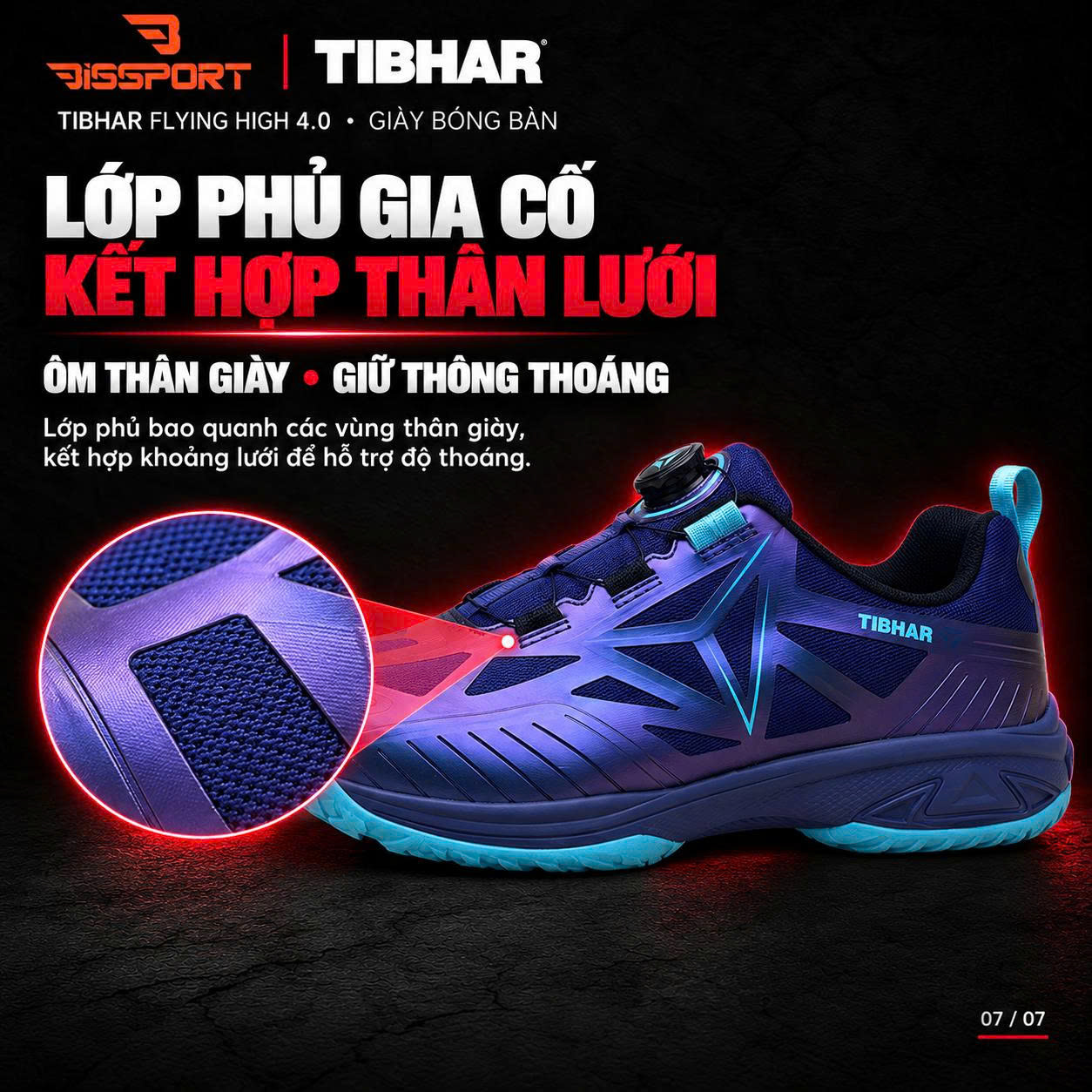 Giày Bóng Bàn TIBHAR Flying High 4.0 02603 Chính Hãng - Xanh Dương - Nhẹ Và Bám Sàn - Thoáng Khí - Chống Trượt